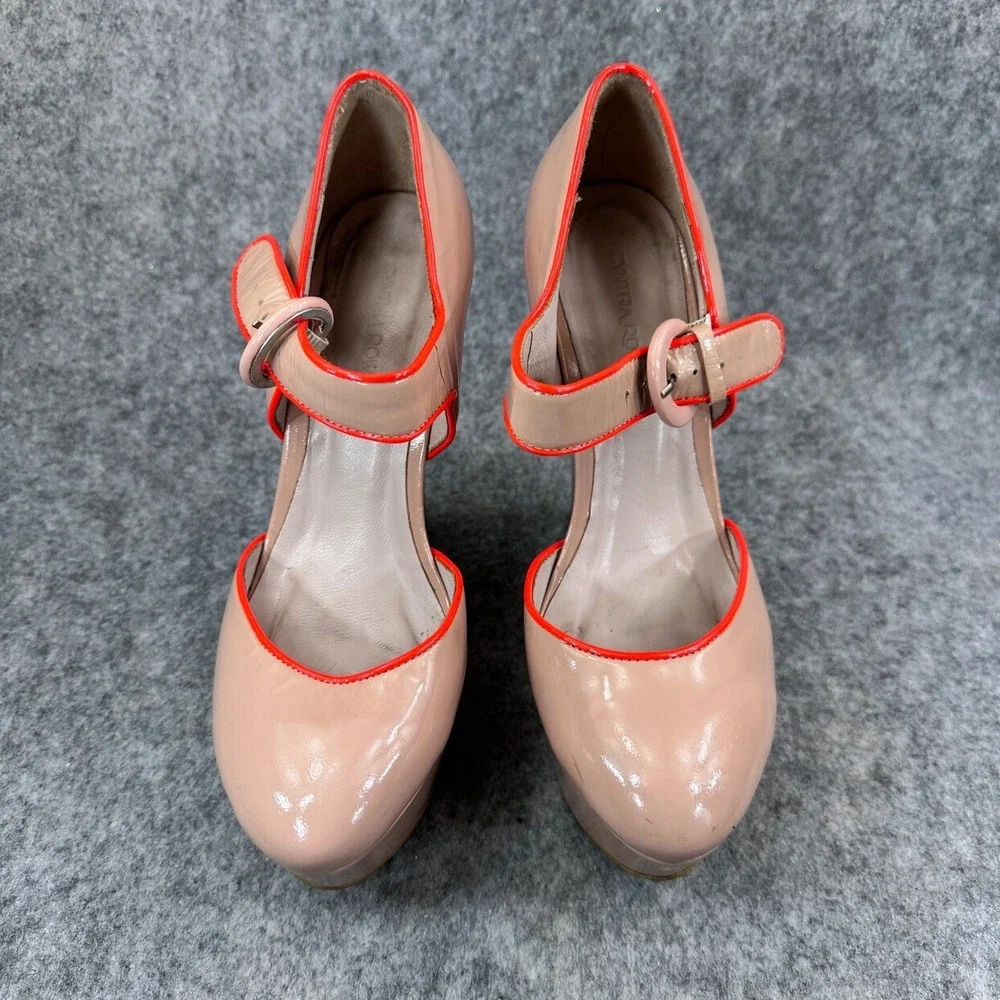 Cynthia Rowley Nude Patent Leather Neon Orange Piping Wedge Mary Jane Pumps 38.5